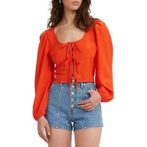 NWT Levi's Embry Tie Front Orange Puff Sleeve Blouse Levis Boho Top size Medium